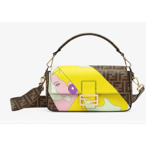 Fendi FF glazed fabric bag with inlay Baguette 8BR600A brown&yellow