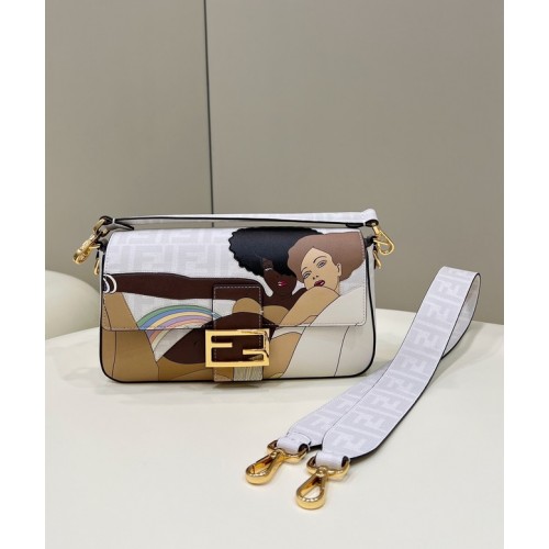 Fendi FF glazed fabric bag with inlay Baguette 8BR600A white