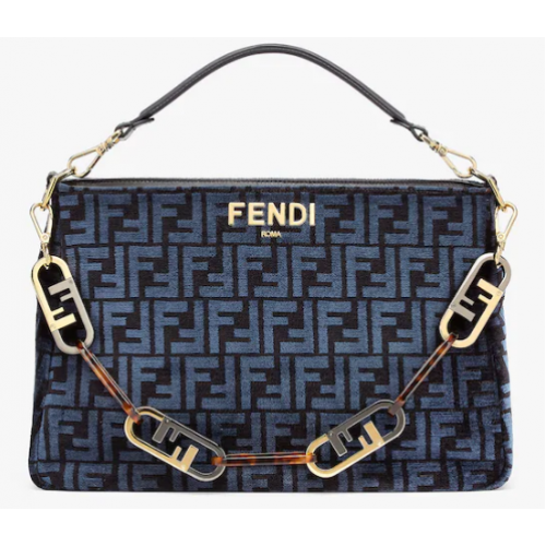 Fendi O Lock Zipper Dark blue tapestry fabric bag 8BR805A