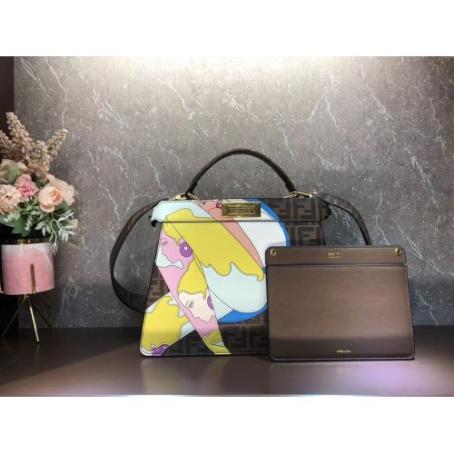 Fendi Peekaboo ISeeU FF printed silk bag F1983 brown