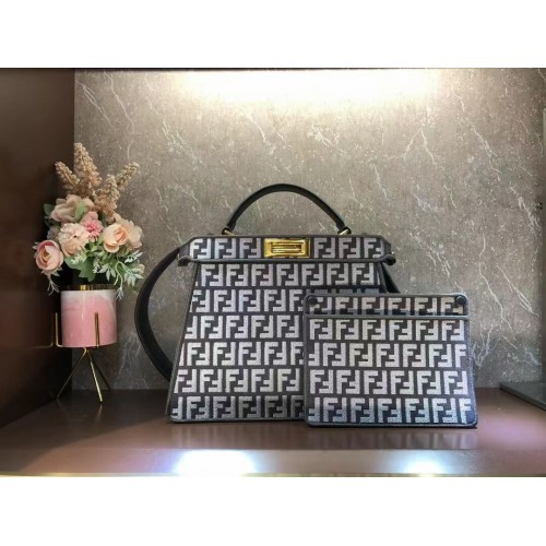 Fendi Peekaboo ISeeU Dove gray FF tapestry fabric bag F1982 Gray