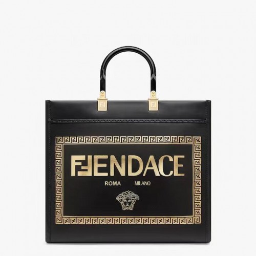 Fendi Sunshine Medium Fendace Printed black leather Logo shopper 8BH386A