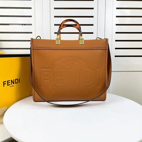 Fendi Sunshine Medium Fendace Printed black leather Logo shopper F0873 brown