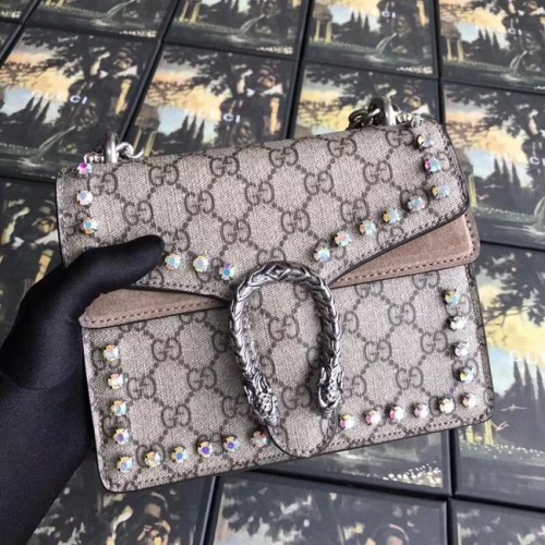 Gucci Dionysus GG Supreme canvas crystal mini bag 421970 apricot