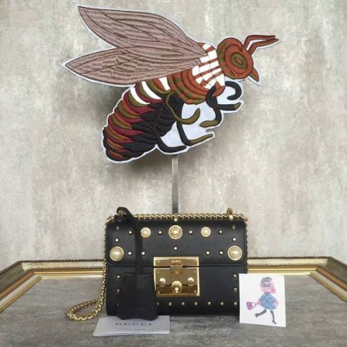 Gucci Padlock Studded Leather Shoulder Bag 432182A Black