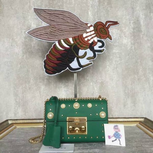 Gucci Padlock Studded Leather Shoulder Bag 432182A Green