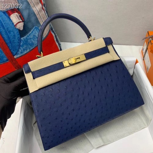 Hermes  Kelly Bag Original Leather Ostrich Skin H5600 Dark Blue