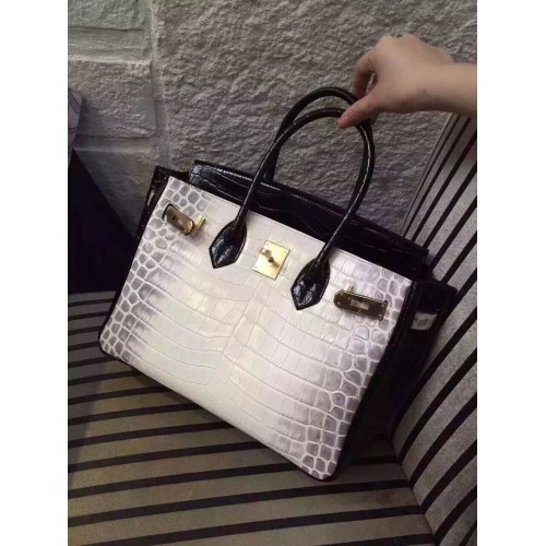 Hermes Birkin 30CM Shoulder Bag White&Black Croco Leather H30 Gold