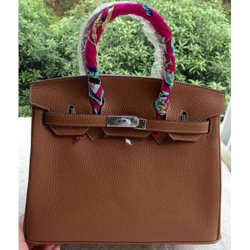 Hermes Birkin 30CM Tote Bags Brown Calfskin Leather BK30 Silver