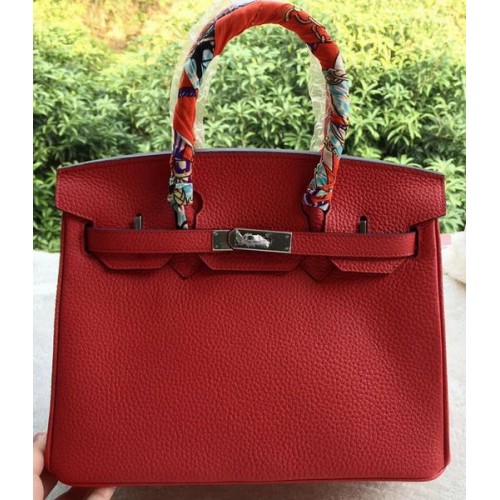 Hermes Birkin 30CM Tote Bags Red Calfskin Leather BK30 Silver