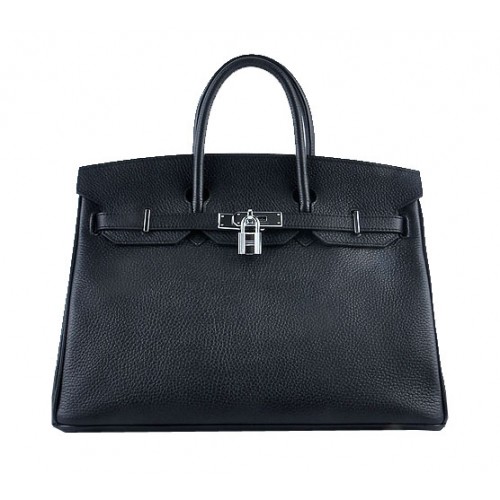Hermes Birkin 35CM Tote Bag Black Grainy Leather Silver