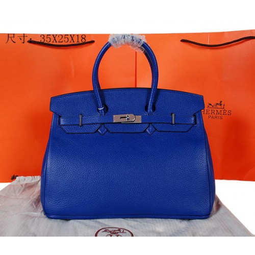 Hermes Birkin 35CM Tote Bag Blue Original Grainy Leather H35 Silver