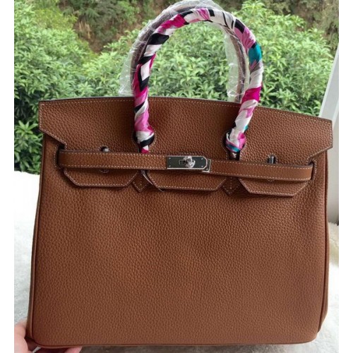 Hermes Birkin 35CM Tote Bag Brown Litchi Leather BK35 Silver