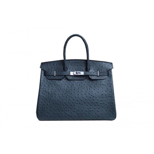 Hermes Birkin 35CM Tote Bag Dark Blue Ostrich Leather BK35 Silver