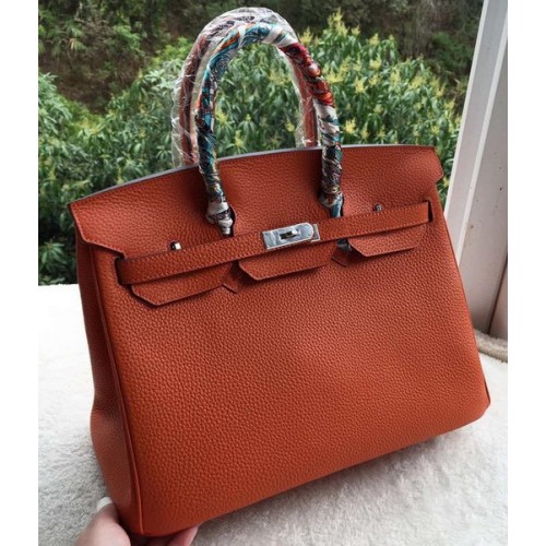 Hermes Birkin 35CM Tote Bag Orange Calfskin Leather BK35 Silver