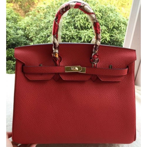 Hermes Birkin 35CM Tote Bag Red Litchi Leather BK35 Gold