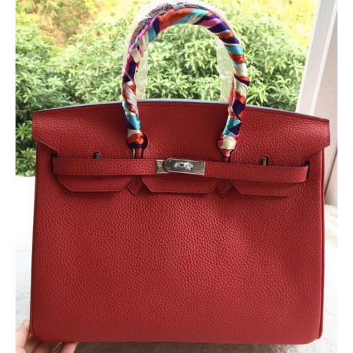 Hermes Birkin 35CM Tote Bag Red Litchi Leather BK35 Silver