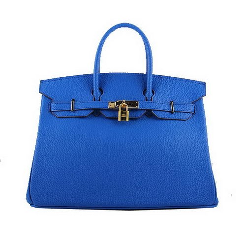 Hermes Birkin 35CM Tote Bags Blue Grainy Leather H-35 Gold
