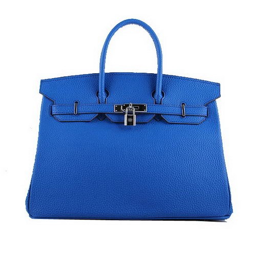 Hermes Birkin 35CM Tote Bags Blue Grainy Leather H-35 Silver