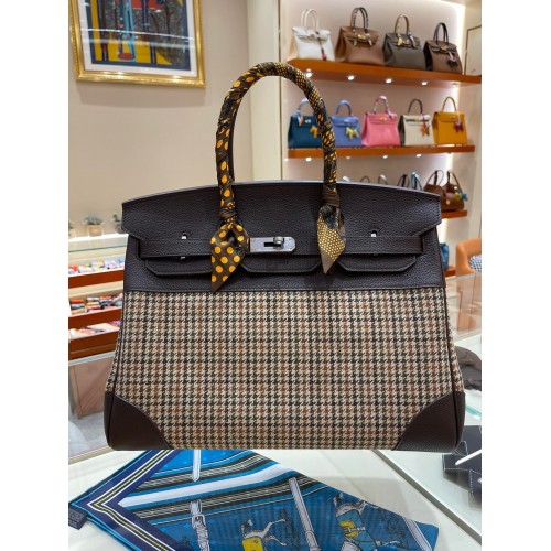 Hermes Birkin Bag Original Leather 35CM 17888 Houndstooth Dark Brown