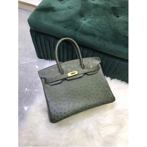 Hermes Birkin Bag Original Leather Ostrich skin HBK2530 blackish green
