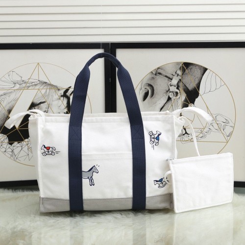 Hermes  Adada Nappy Canvas Shopping Bag H5635 Navy&White