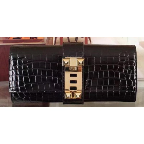 Hermes Croco Leather Clutch H88017 Black