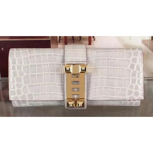Hermes Croco Leather Clutch H88017 Grey