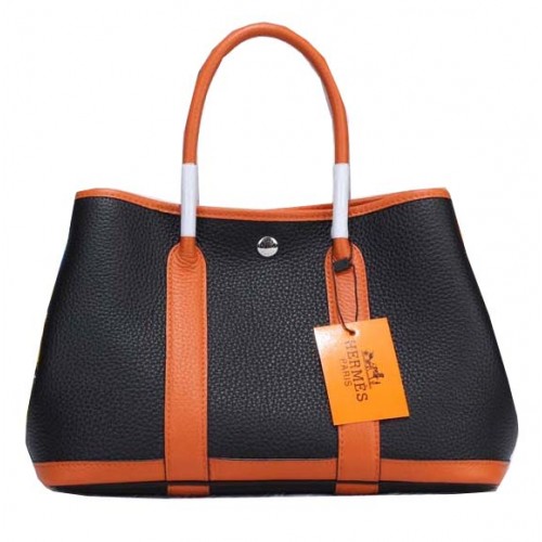 Hermes Garden Party 30cm Tote Bags Grainy Leather Black&Orange