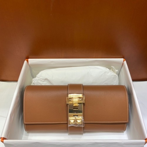 Hermes H Medor swift Leather Clutch 37566 brown&gold hardware