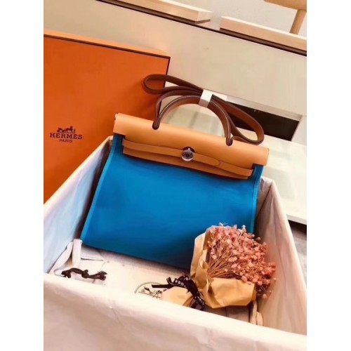 Hermes Herbag 31CM Original Canvas Leather Calfskin 45987 Blue&Apricot