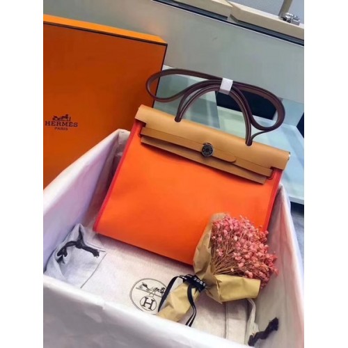 Hermes Herbag 31CM Original Canvas Leather Calfskin 45987 Orange&Brown