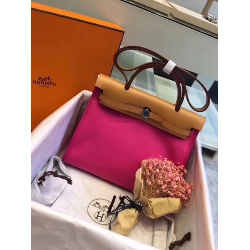 Hermes Herbag 31CM Original Canvas Leather Calfskin 45987 Pink&Brown