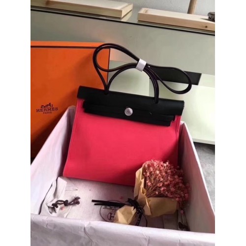 Hermes Herbag 31CM Original Canvas Leather Calfskin 45987 Red&Black
