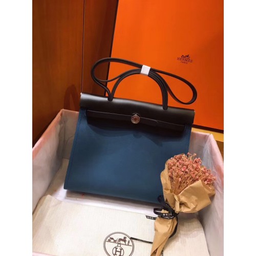 Hermes Herbag 31CM Original Canvas Leather Calfskin 45987 Blue&Black