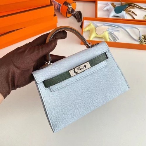 Hermes Kelly 19cm Shoulder Bags Epsom Leather KL19 Silver  hardware light blue&green