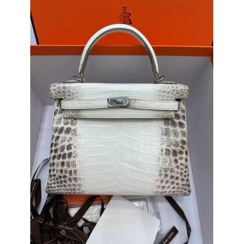 Hermes Kelly 25CM Original South African Nile Crocodile Leather Bag KL25 White&Gray