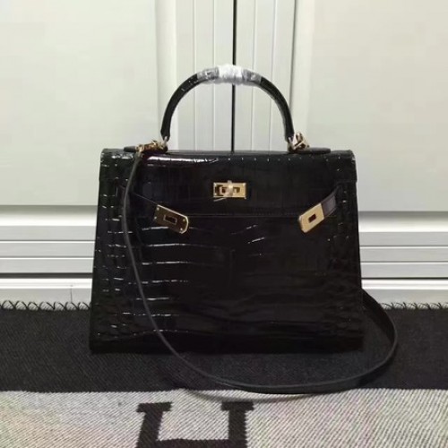 Hermes Kelly 28cm Shoulder Bag Croco Leather K28 Black
