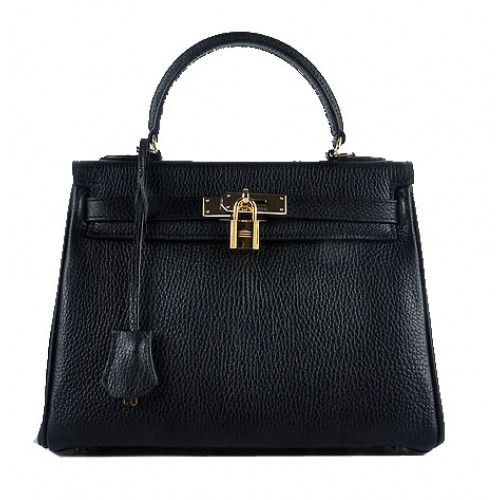 Hermes Kelly 28cm Shoulder Bags Black Grainy Leather Gold