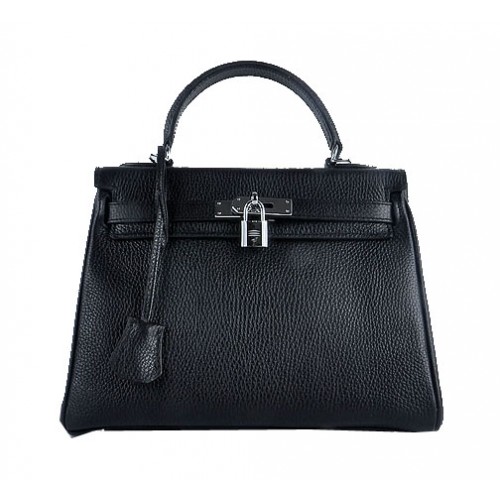 Hermes Kelly 28cm Shoulder Bags Black Grainy Leather Silver