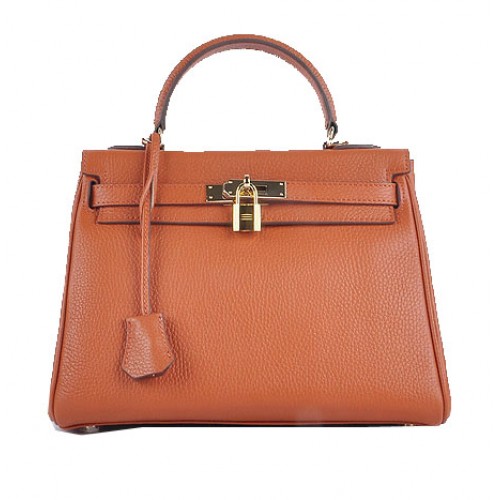 Hermes Kelly 28cm Shoulder Bags Orange Grainy Leather Gold