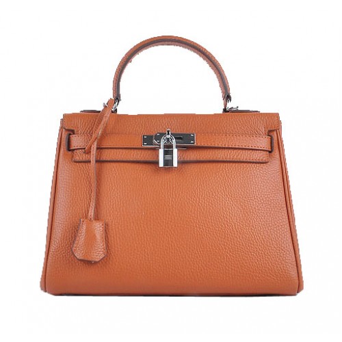 Hermes Kelly 28cm Shoulder Bags Orange Grainy Leather Silver