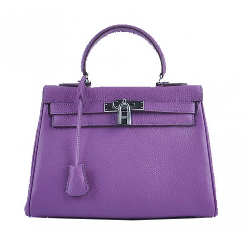 Hermes Kelly 28cm Shoulder Bags Purple Grainy Leather Silver