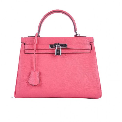 Hermes Kelly 28cm Shoulder Bags Rosy Grainy Leather Silver