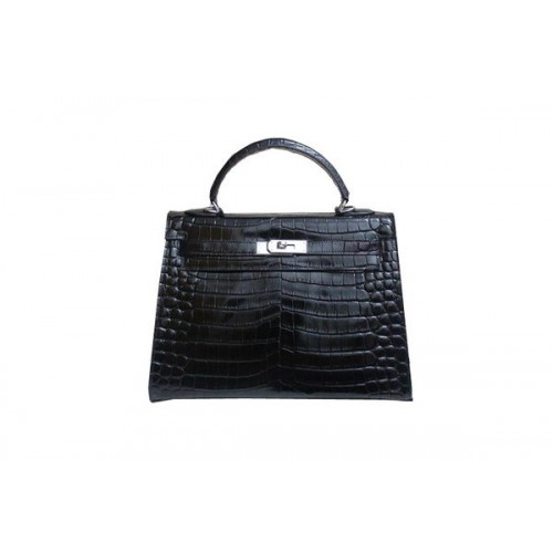 Hermes Kelly 32cm Shoulder Bag Black Croco Patent Leather K32 Silver