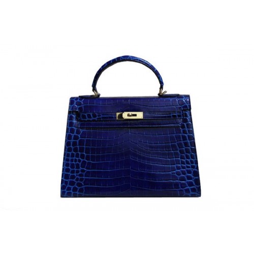 Hermes Kelly 32cm Shoulder Bag Blue Croco Patent Leather K32 Silver
