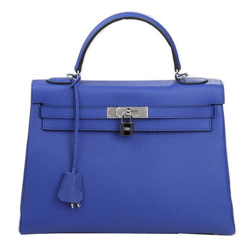 Hermes Kelly 32cm Shoulder Bag Blue Original Leather K32 Silver