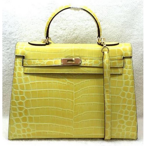 Hermes Kelly 32cm Shoulder Bag Croco Leather K32 Yellow