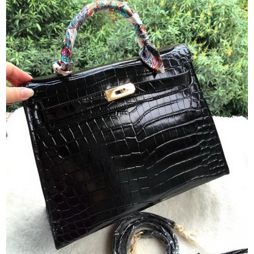 Hermes Kelly 32cm Shoulder Bag Croco Leather K32CO Black