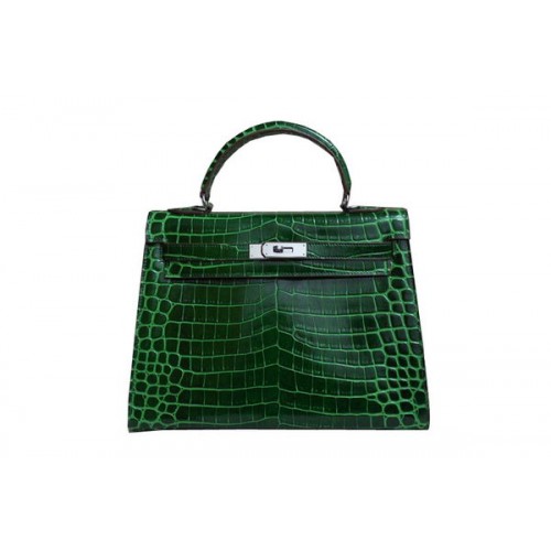 Hermes Kelly 32cm Shoulder Bag Green Croco Patent Leather K32 Silver